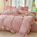 Korean Style Bed Set Seersucker Flower Embroidery Four Piece Set With Lace Bed Flat Sheet Pillowcase Duvet Cover Set Textiles