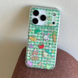 Cute Animal Green Grid Pattern Cartoon Laser Glitter Phone Case for iPhone 13 14 16 15 17 Pro 17ProMax Shockproof Clear Cover