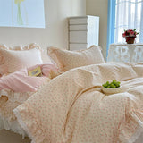 Korean Princess Style Floral Lace Ruffles 100% Cotton Bedding Set Duvet Cover Bed Sheet Pillowcase 4Pcs