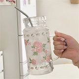French Style Glass Suction Tube Cup Elegant Pink Rose Large Capacity Juice Drink Cup Girl Outdoor Office Cold Summer Drinks Cup