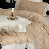 Vintage French Floral Lace Ruffles Pure Cotton Double Yarn Soft Princess Bedding Set Duvet Cover Bed Sheet Set Pillowcases 4Pcs
