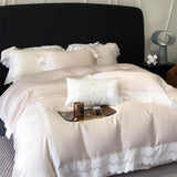 4Pcs Pink Princess Lace Edge Lyocell Eucalyptus Fiber Soft Silky Bedding Set Duvet Cover Set Bed Sheet/Fitted Sheet Pillowcases