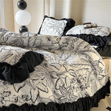 Washed Cotton Bedding Sets With Lace Black Printed Four Piece Set Bedroom Decor Duvet Cover Pillowcase Bedspread Bed Cover Sets
