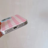 Korean INS Pink Checker Matte Double Layers Ring Strap Phone Case for iPhone 16 15 14 13 Pro Max Back Cover for 12 Pro Funda
