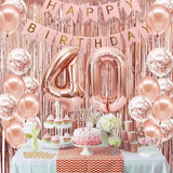 58Pc/Set 40-Inch Number Foil Balloons Party Backdrop Rain Curtain Rose Gold Glitter Balloons Happy Birthday Pink Banner Birthday Party Set Celebration Birthday Party Combo Set Suitable for 16Th 21St 30Th 40Th 50Th 60Th 70Th C