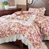 French Pastoral Style Rose Flowers Print Lace Bedding Set Single Queen King Size 100% Cotton Duvet Cover Bed Sheet Pillowcases