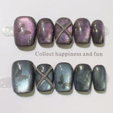 10pcs Short Ballet Handmade False Nails Blue Cat's Eye Fake Nail Tips with Glitter Flower Design Press on Nails Black Manicure