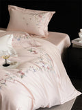 Premium 1000TC Egyptian Cotton Flowers Embroidery Pink Luxury Bedding Set Duvet Cover Flat/Fitted Bed Sheet Pillowcases 4Pcs