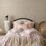 Lace Embroidery Bedding Set Luxury Pink Egyptian Cotton Princess Duvet Cover Bed Sheet Pillowcases Solid Color Bedclothes