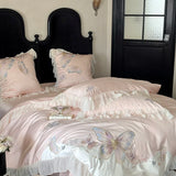 Vintage French Lace Ruffles Butterfly Embroidery Bedding Set 100S Egyptian Cotton Duvet Coves Bed Sheet Pillowcases