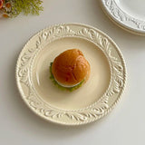French Style Relief Dining Plates Household Solid Color Bread Plates Simple Ceramic Tableware Nordic Restaurant Dessert Disc