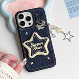 Embroidery Stars Jean Cloth Denim Case For iPhone 12 13 14 15 Pro Max 11 Phone Case with Star Pendant Keychain Soft Back Cover