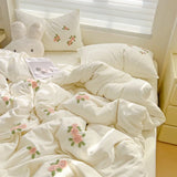 3/4Pcs Washed Cotton Skin-friendly Soft Princess Rose Towel Embroidery Flowers Bedding Set Soft Duvet Cover Bed Sheet Pillowcase