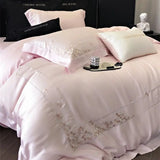 Pink Flowers Embroidery Bedding Set Lyocell Bamboo Fiber Soft Silky Cool Feeling Duvet Cover Flat/Fitted Bed Sheet Pillowcases