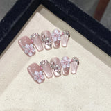 10Pcs Handmade Press on Nails Full Cover Glitter Hand-painted 3D Flower Rhinestone French Fake Nail Artificial Wearable Manicure