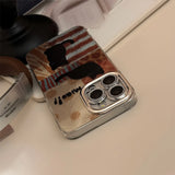Korean Black Cat Leopard Splicing Phone Case For iPhone 11 12 13 14 15 16 Pro Max XS XR X 7 8 Plus Glitter Lens Protective Cover