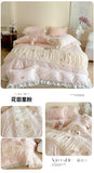 Korean Princess Style Lace Ruffles Wedding Bedding Set Soft Rose Flowers Four-Piece Set Duvet Cover Bed Sheet Pillowcase 4Pcs