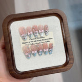 10Pcs Sweet  Almond Press on Nails Blue French Gradient Cat Eye False Nails Pink Bow Pearl Rhinestone Fake Nails for Daily Party