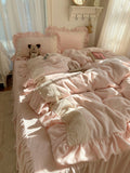 Princ Sle Coral Fce Bedding Set with Lace Milk Velvet Floing Skin-friendly Four-piece Bedding Set French Sle Acti...
