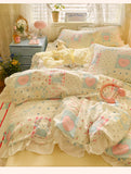 Korean Princess Style 4Pcs Floral Ruffles Bedding Set Single Queen Size Soft Skin-friendly Washed Cotton Duvet Cover Pillowcase