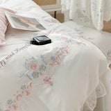 4Pcs Flowers Embroidery Lace Ruffles Bedding Set Lyocell Eucalyptus Fiber Silky Duvet Cover Bed Sheet Fitted Sheet Pillowcases