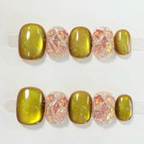 10pcs Short Square Handmade False Nails Tips Fantasy Glitter Cat's Eye Blue Press on Nails Sets Seashell Design Fake Nail Art