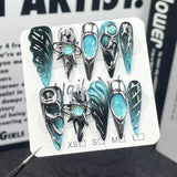 10pcs Detachable Gradient Blue Press on Acrylic Nails Coffin Fake Nails with Heart Designs Handmade High Quality Stick on Nails