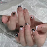 24Pcs Blue Almond False Nails Yellow French Press On Nails Five-pointed Star/Polka Dot Printed Y2K Girls Finished Fake Nails