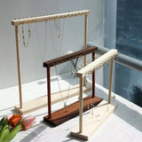 Wooden Double-Row Jewelry Display Rack Elegant Jewelry Organizer with Hooks for Necklaces Bracelets Earrings Rings Space-Saving