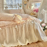 3/4Pcs Bedding Set French-Inspired, Girly, Princess-Style Bows and Lace Pink Duvet Cover Pillowcase Bedding Full Set Double Bed
