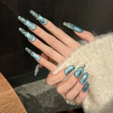 10pcs French Blue Frosted Cat's Eye Fake Nails Press On Nails Aurora Sequins Diamond Decoration Handmade False Nails Long Ballet