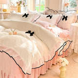 Korean Princess Style With Black Bow Lace Ruffles Pleat Milk Velvet Bedding Set Bedroom Decor Duvet Cover Bed Sheet Pillowcase