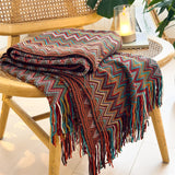 Bohemian Style Knitted Throw Blanket for Sofa Bed Retro Striped Decorative Blankets with Tassels Soft Comfortable Shawl Blanket