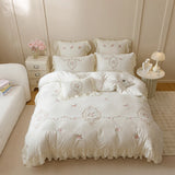4Pcs Korean Princess Style Bedding Set Rose Flowers Embroidery French Lace Ruffles Milk Velvet Duvet Cover Bed Sheet Pillowcases