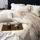 4Pcs Pink Princess Lace Edge Lyocell Eucalyptus Fiber Soft Silky Bedding Set Duvet Cover Set Bed Sheet/Fitted Sheet Pillowcases