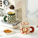 400ML Flowers Ceramic Mug with Lid Creative Checkerboard Grid Pattern Coffee Mug Home Office Breakfast Milk Cup Birthday Gift