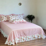 100% Cotton Korean Princess Style Rose Floral Plaid Ruffles Bedding Set Queen King Size Duvet Cover Bed Sheet Pillowcases 4Pcs