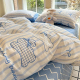 New Pure Cotton Bedding Set with Fitted Sheet Duvet Cover Pillowcase Simple Printed Grid Comfortable Bedclothes Single Double