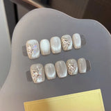 10pcs Cat Eye Handmade Press on Nails Short Square False Nail Bow Pearl Fake Nail Crystal Flower Full Cover French Acrylic Nails