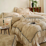 Vintage French Lace Ruffles Bedding Set Pure Cotton Wrinkled Yarn Soft Duvet Cover Set Flat/Fitted Bed Sheet Pillowcases 4Pcs