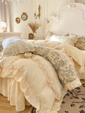 4Pcs French Vintage Pastoral Flower Cotton Bedding Hollow Lace Duvet Cover Princess Style Bedding 200x230 220x240