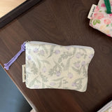 Pink Floral Print Mini Cotton Pouch for Women, Small Coin Purse & Card Holder for Lipstick & Earphone, Summer New Portable