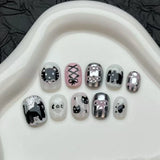 10pcs Handmade False Nails Art Wearable Cartoon Cute Cat Pattern Short Square Press on Nails Tips Bow Design Black Fake Nail Set