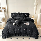 Rose Flowers Embroidery Ruffle Lace Bedding Set Washed Cotton Duvet Cover Set Skin Friendly Bed Sheet Pillowcases Princess Style