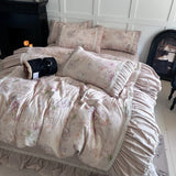 Flowers Prints Pleated Ruffles Princess Bedding Set 100% Cotton Double Layer Yarn Duvet Cover Quilted Bedspread Pillowcases 4Pcs