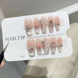 10Pcs Glitter Handmade Press on Nails Full Cover Cat Eye Butterfly Design Pearl Rhinestone French Ballet Artificial False Nails