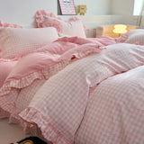 4 Piece Pink Plaid Duvet Cover Set, 100% Polyester Soft and Breathable Bedding, Suitable for Bedroom, All-Season Use