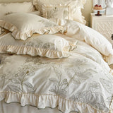 1000TC Egyptian Cotton Flowers Plant Leopard Embroidery Ruffles Bedding Set Duvet Cover Set Flat/Fitted Sheet Pillowcases 4Pcs