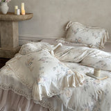 Vintage French Lace Flower Prints Bedding Set 100% Cotton Double Yarn Soft Duvet Cover Flat/Fitted Bed Sheet Pillowcases 4Pcs