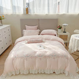 4Pcs Flowers Embroidery Lace Ruffles Bedding Set Lyocell Eucalyptus Fiber Silky Duvet Cover Bed Sheet Fitted Sheet Pillowcases